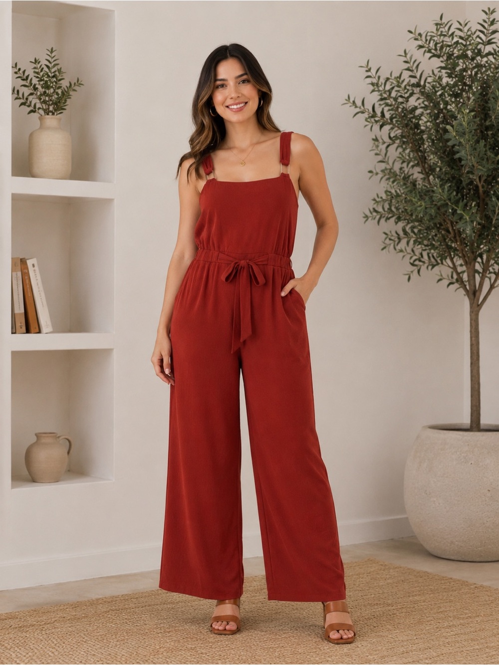 Rust Red Textured Wide Leg Jumpsuit XL w/ Silver Buckle Straps